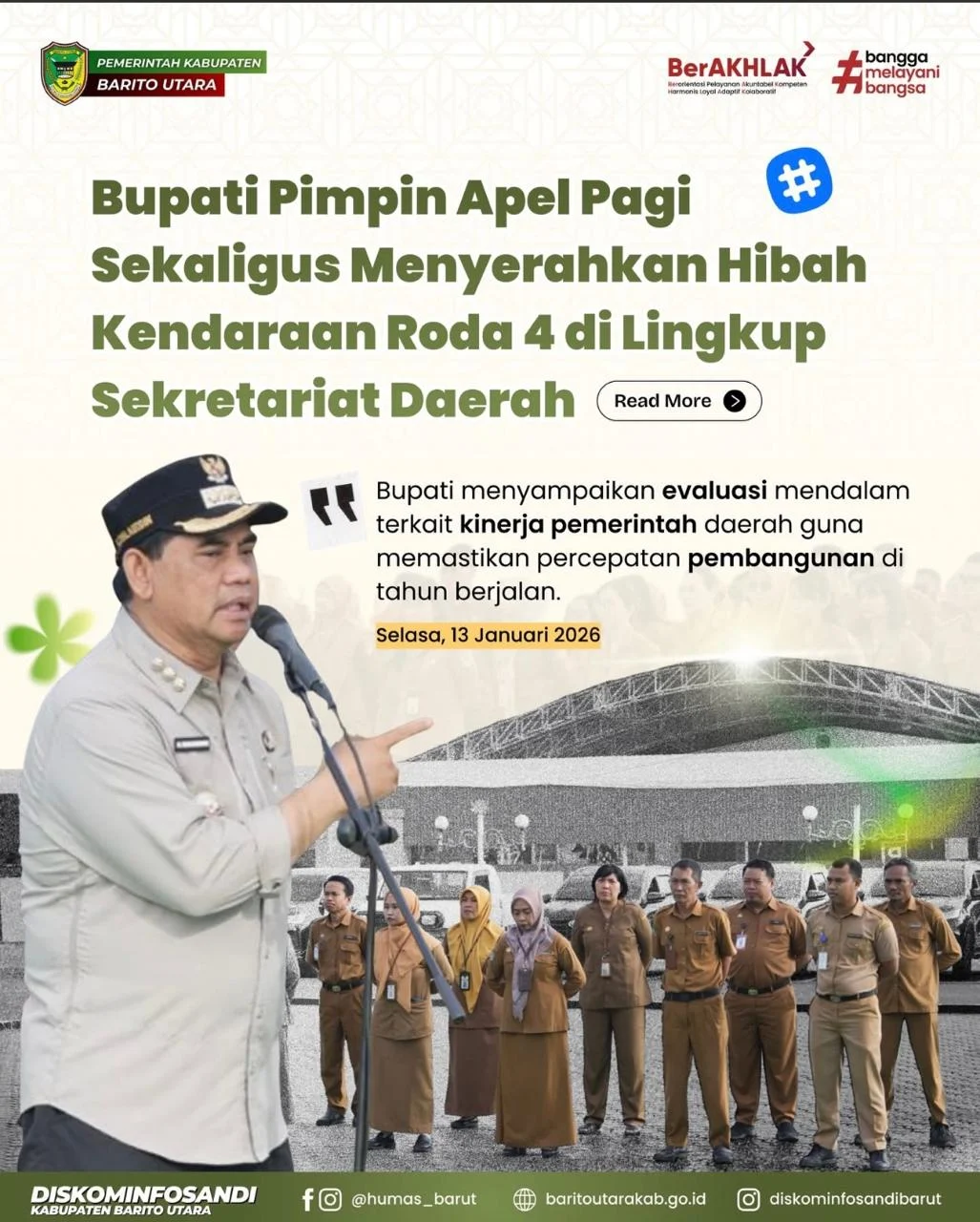 Apel Pagi di Setda, Bupati Barito Utara Serahkan Hibah Kendaraan Dinas untuk ASN
